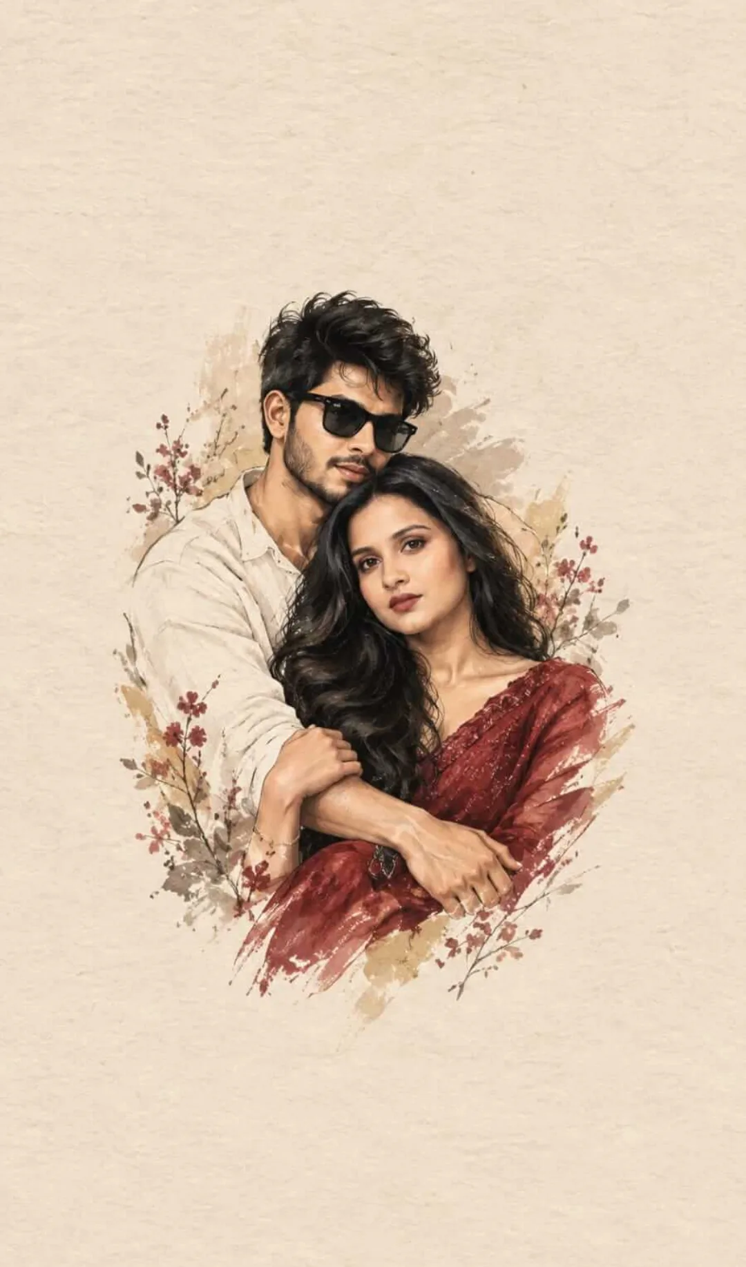 Create a refined handmade editorial illustration based on the reference photograph, preserving the couple’s recognizable appearance,