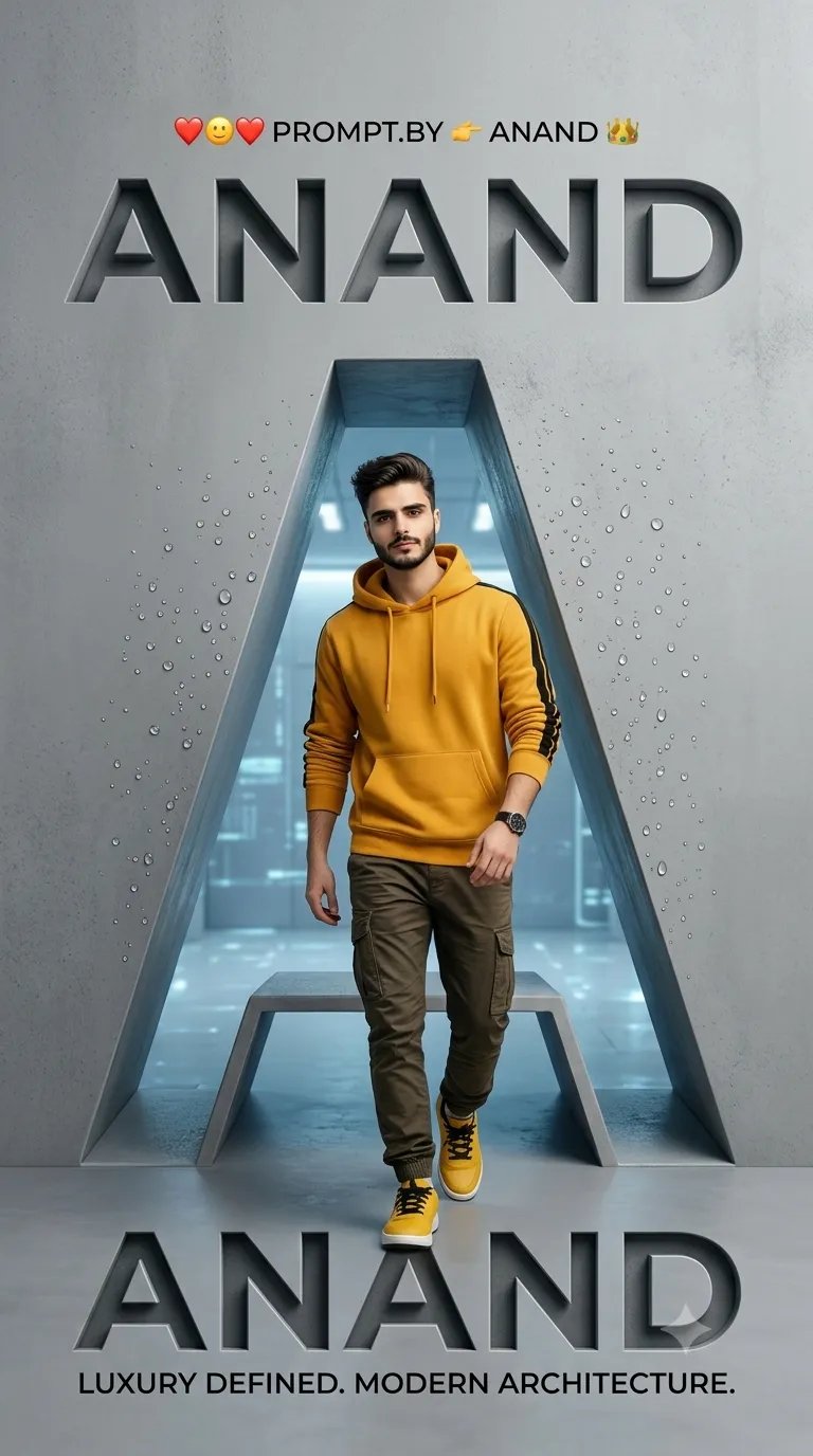 ❤️🙂❤️ PROMPT.BY 👉 ANAND 👑 Create an ultra-realistic luxury advertising poster featuring a giant 3D cut-out "ANAND" typography embedded