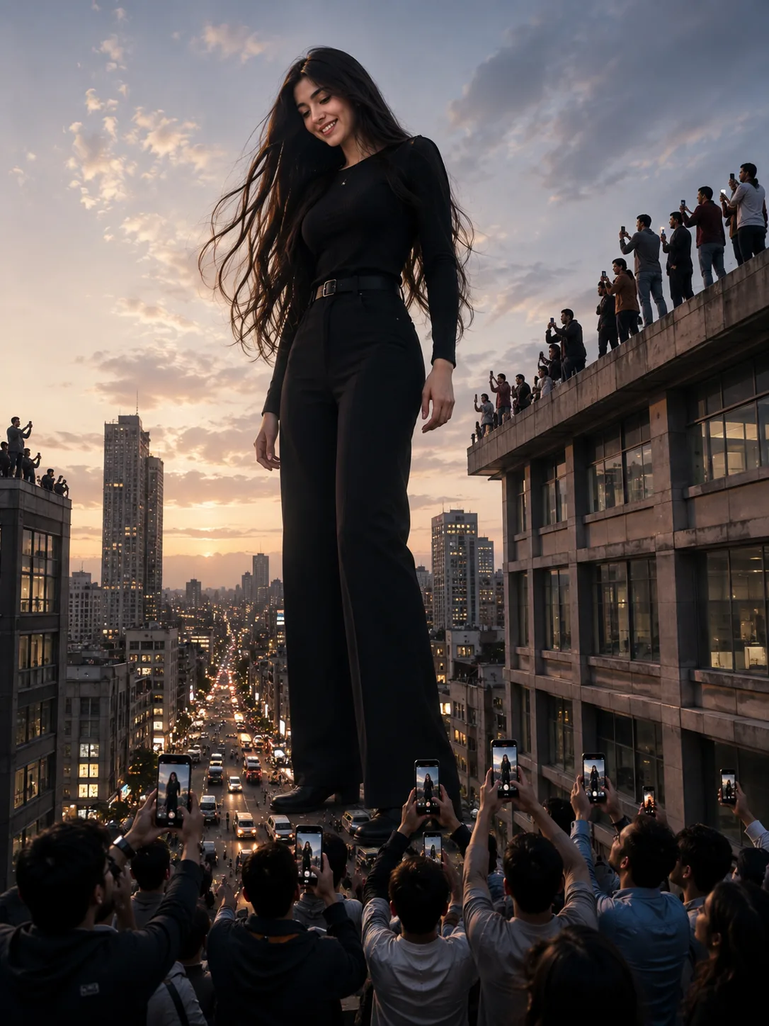 Prompt: > Create a stunning ultra-realistic cinematic vertical 9:16 image of a gigantic young woman standing in the middle of a modern