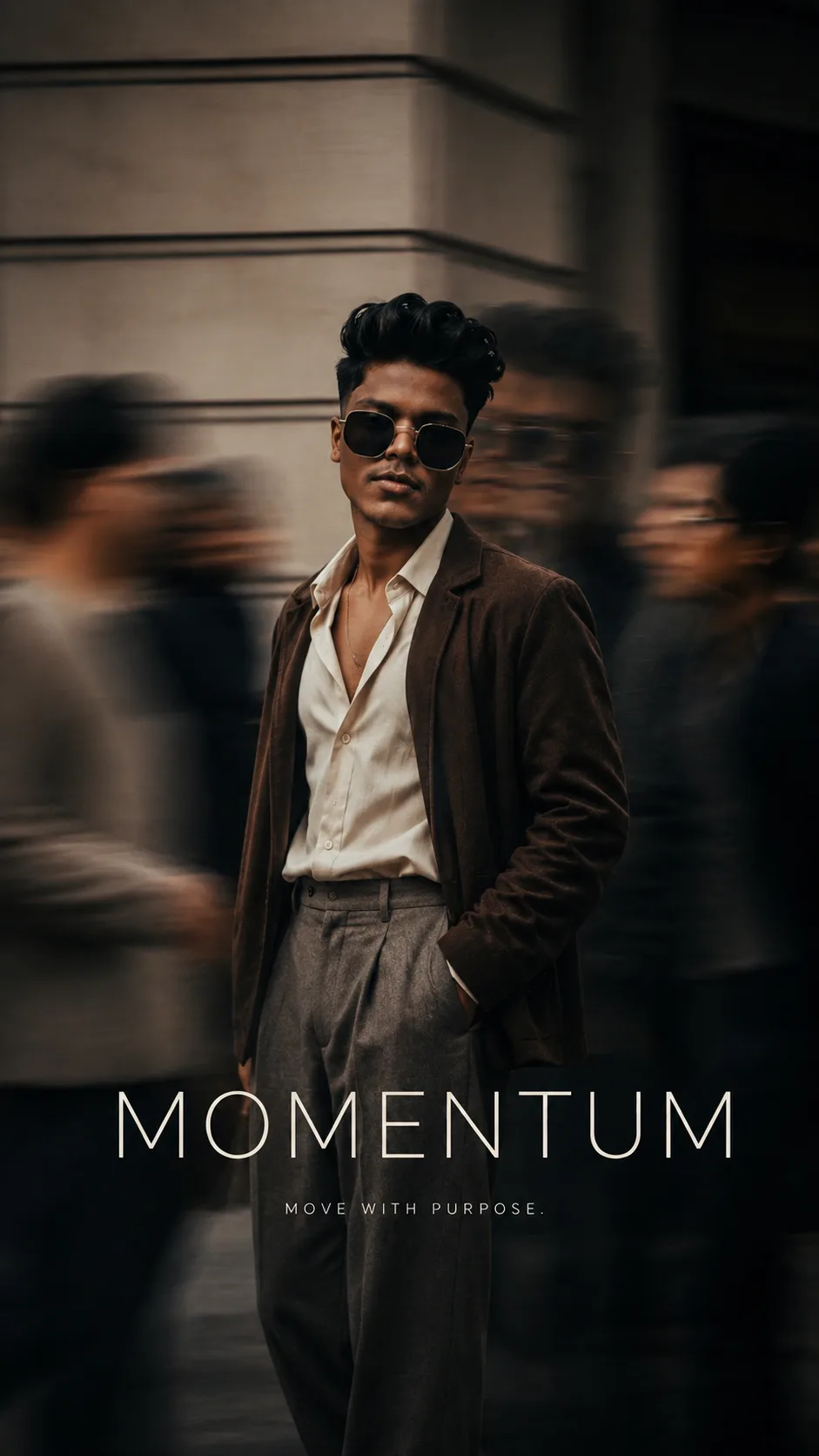 Prompt: Create an ultra-realistic cinematic vertical fashion editorial poster of a stylish young man walking confidently through a busy