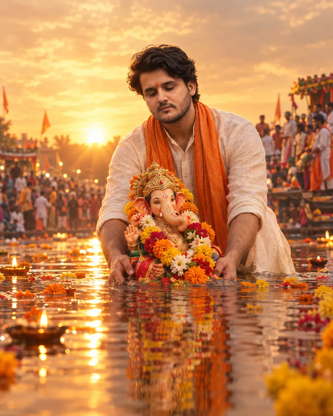 During Ganpati Visarjan, a 24 yeay old man wears an ivory kurta-pajama, saffron-orange stole and tiny tilak, gently immersing a beautifully
