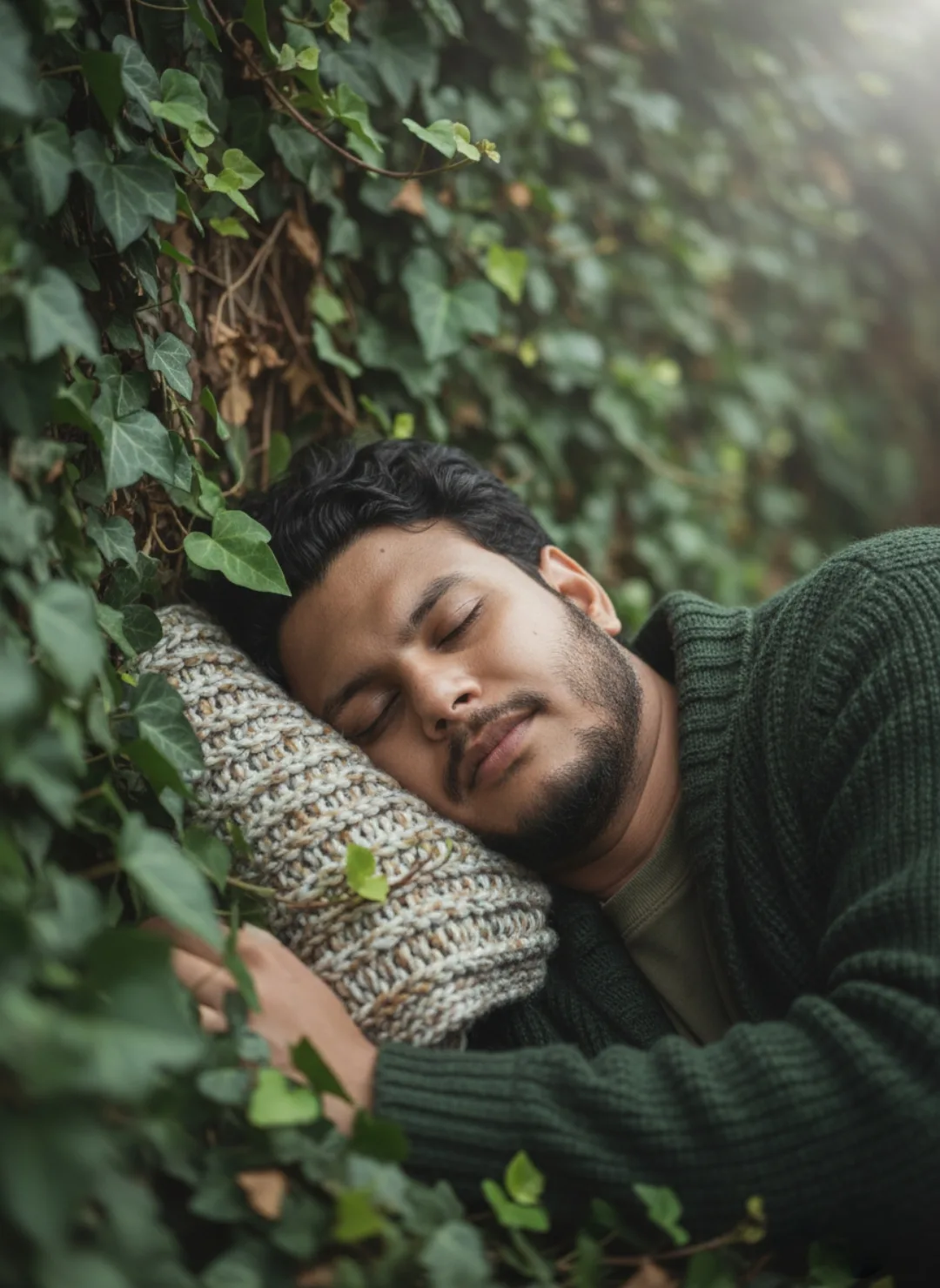 **Prompt:** A young man with short dark curly hair, light facial hair, and closed eyes rests peacefully against a wall densely covered in