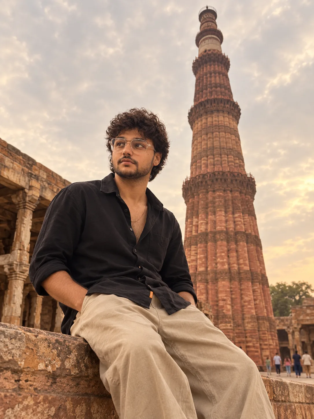 "A cinematic low-angle travel portrait of a young man with short, thick black hair styled in a tousled, textured fringe, looking off to the