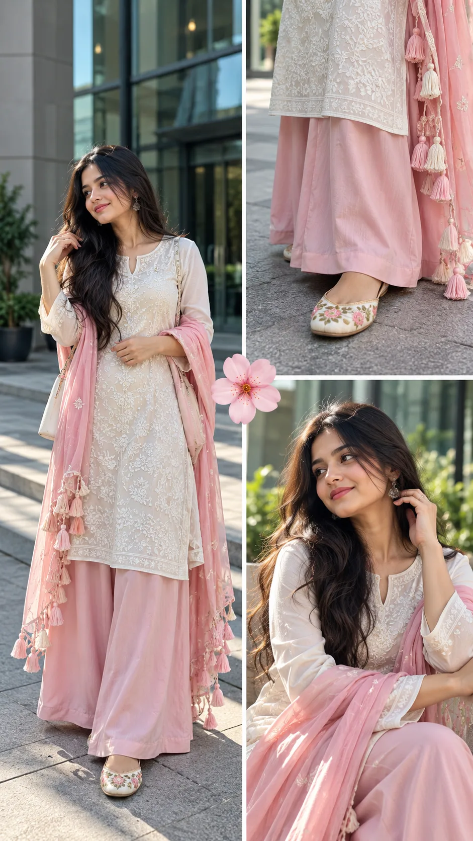 Create a new ultra-realistic 3-panel fashion collage of the same woman in a white embroidered kurta, pastel-pink palazzo pants and matching