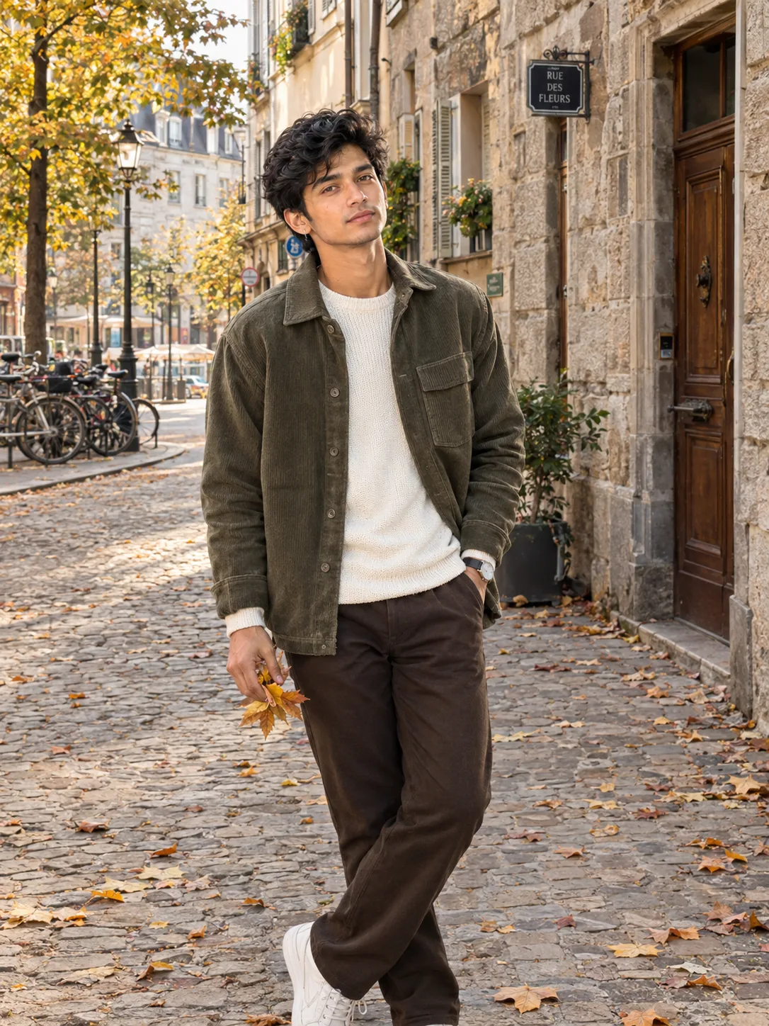 Ultra realistic photograph of a young man standing confidently on a charming old European-style street during late autumn, shot on a real