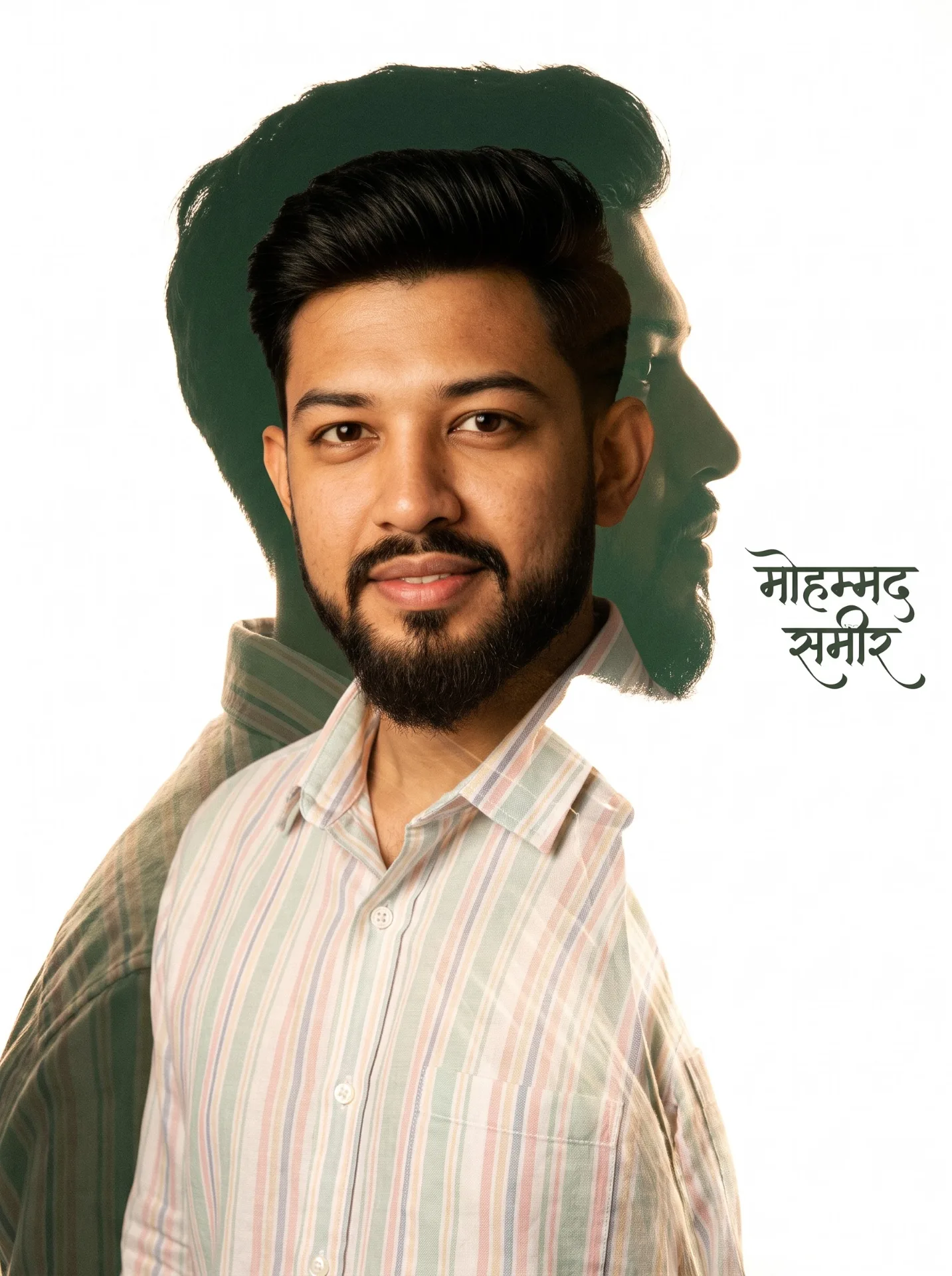 "A high-quality cinematic double exposure portrait poster of a stylish young Indian man smiling confidently, with a modern, trimmed beard .