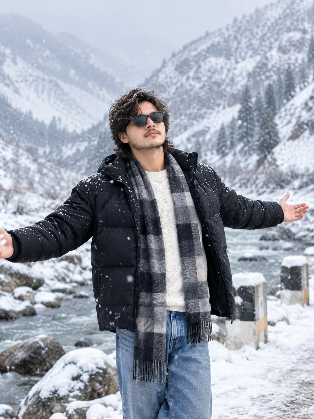 > Create an **ultra-realistic cinematic winter portrait** of a stylish young South Asian man standing in a breathtaking snowy mountain