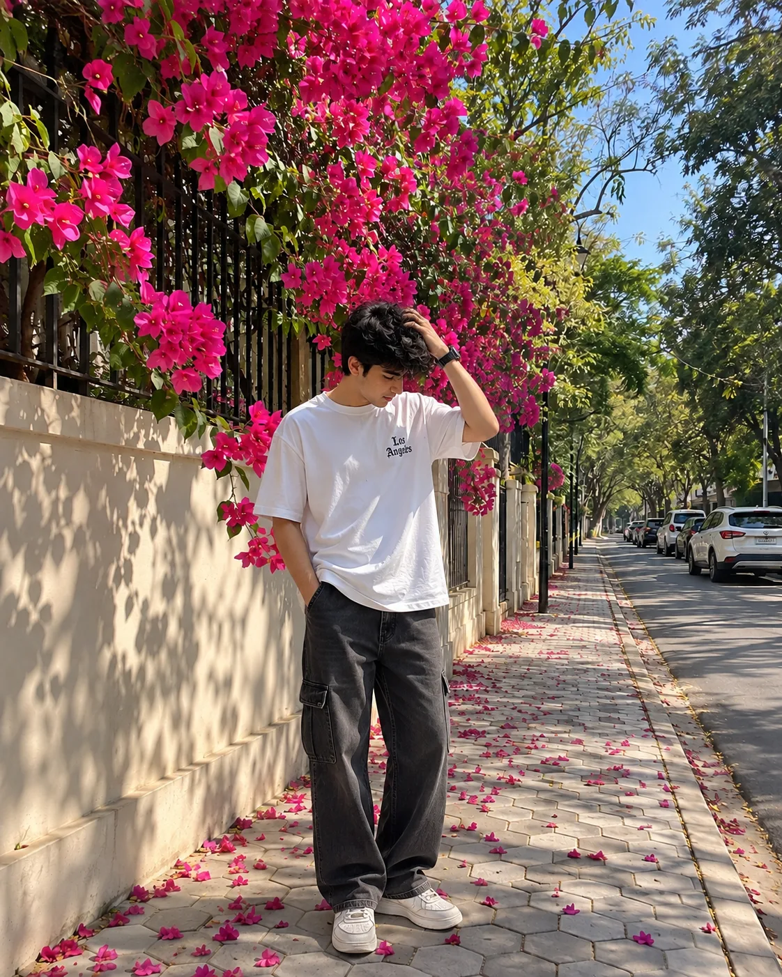 Create an ultra-photorealistic vertical 4:5 street-fashion photograph on a sunny suburban residential sidewalk.