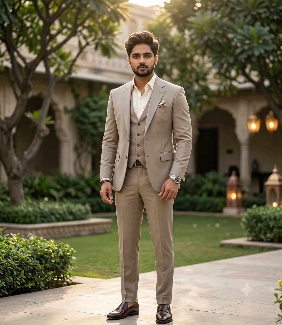 Create a highly realistic premium fashion editorial portrait of the same young man from the reference image, with his face, identity,