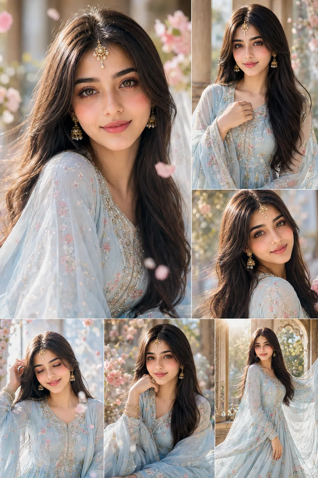 Create a dreamy aesthetic portrait collage of a beautiful young Indian girl wearing a soft pastel baby-blue floral Anarkali dress with a