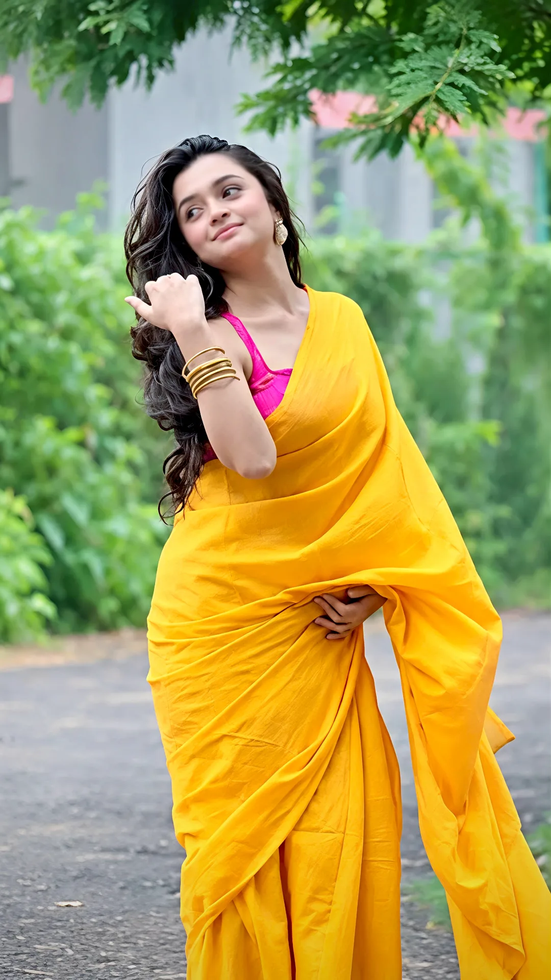 A photorealistic vertical portrait of the young South Asian woman from the reference image, faithfully preserving her exact facial