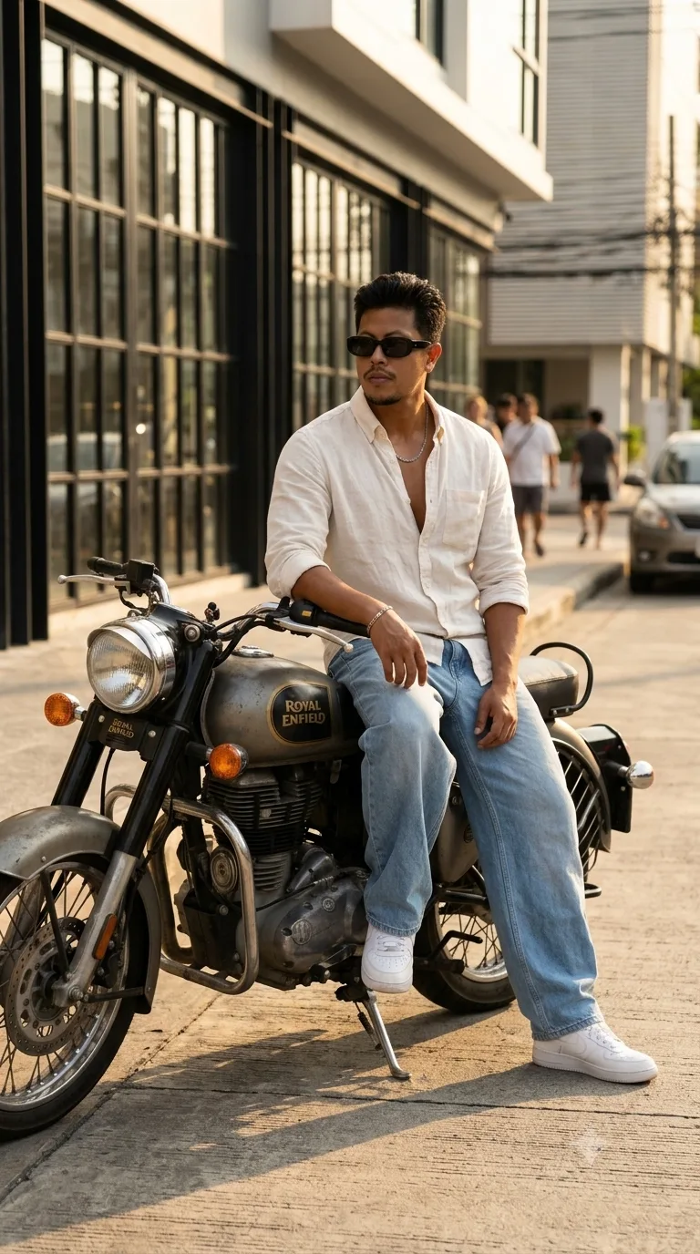 Use Image 1 as the exact reference for composition, pose, outfit, motorcycle, lighting, camera angle, background and overall aesthetic.