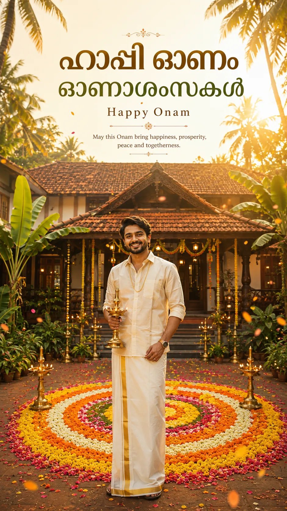 Premium cinematic Onam greeting poster, vertical 9:16.