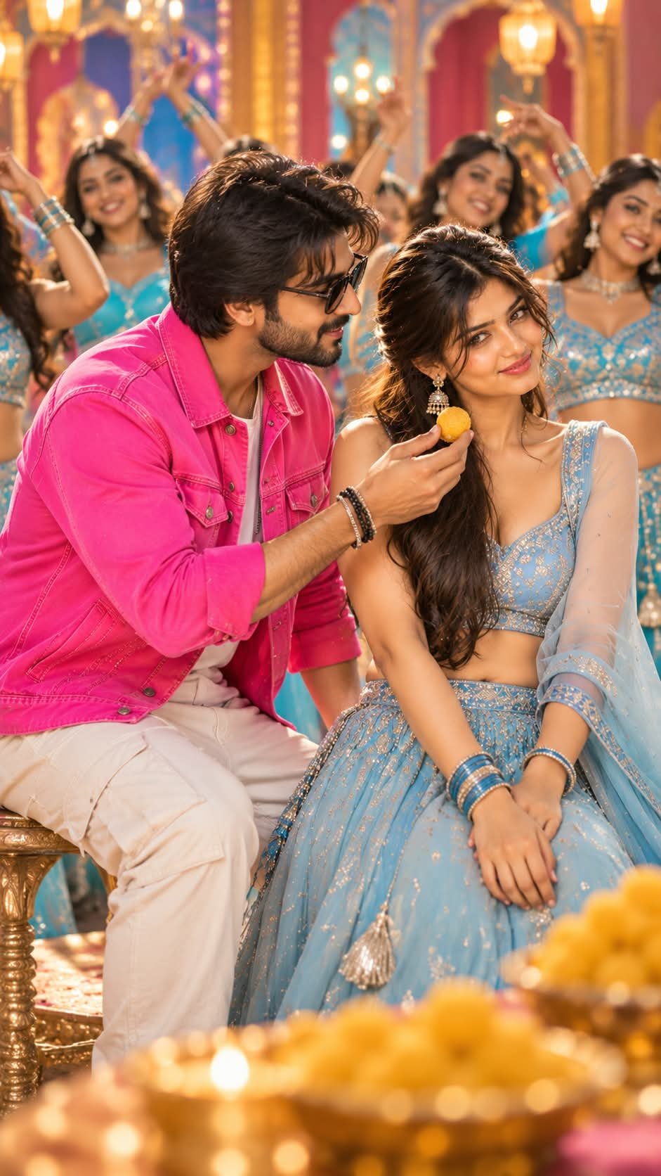 Prompt by @aipromptsgenz Create a vibrant ultra-realistic Bollywood-style musical dance scene in a colorful indoor set.