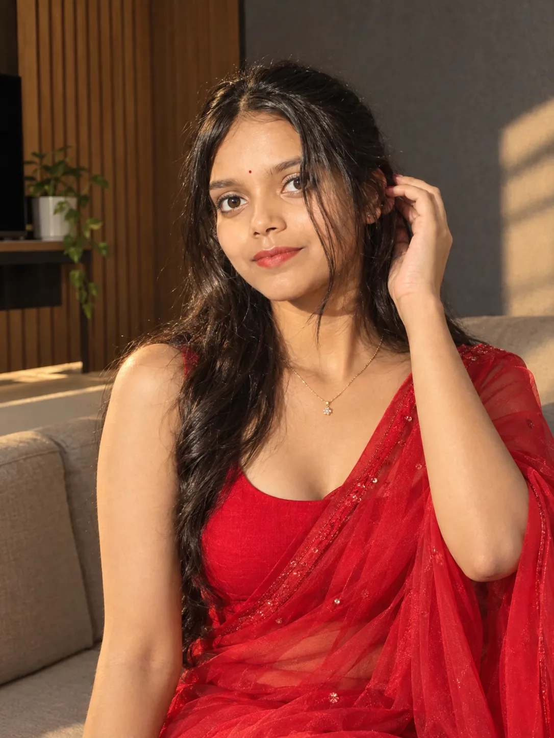 Close-up portrait of a young smiling South Asian woman touching her short dark hair.