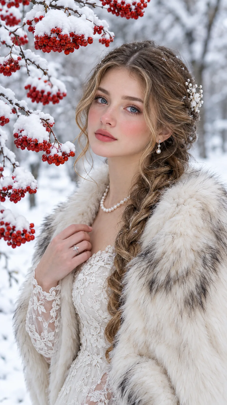 Prompt : Ultra-detailed romantic winter portrait of a young woman standing in a snowy park, three-quarter view, one hand gently raised near