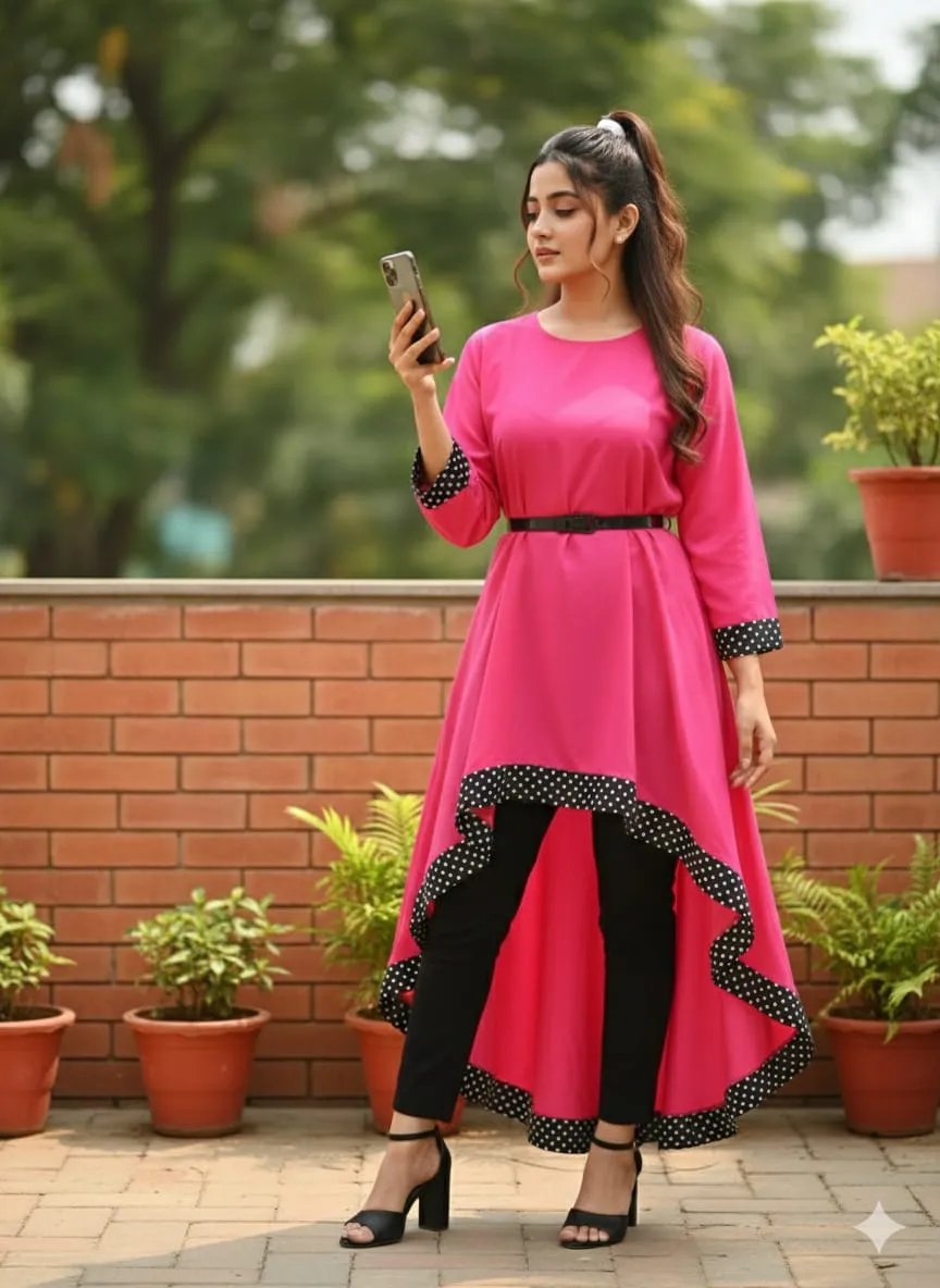 A vibrant, full-body outdoor fashion portrait of this girl, holding a smartphone, wearing a flowing pink high-low tunic with black polka