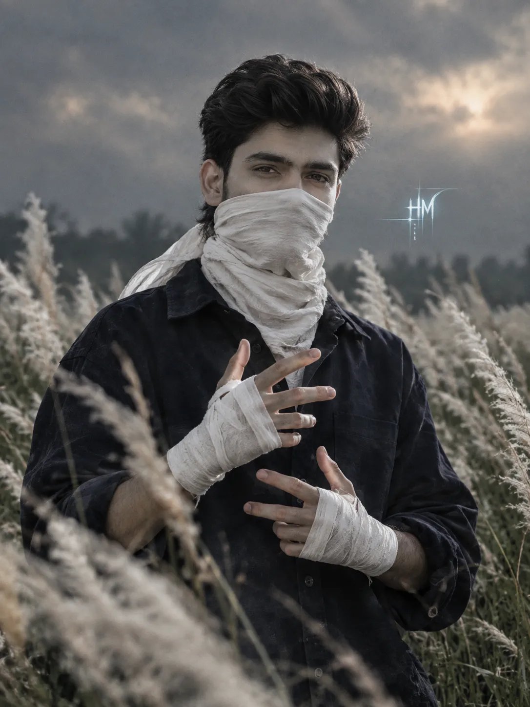 _ cinematic, dramatic medium shot of a boy in his 18 year old slim body standing amidst a dense field of tall white kans grass (kash