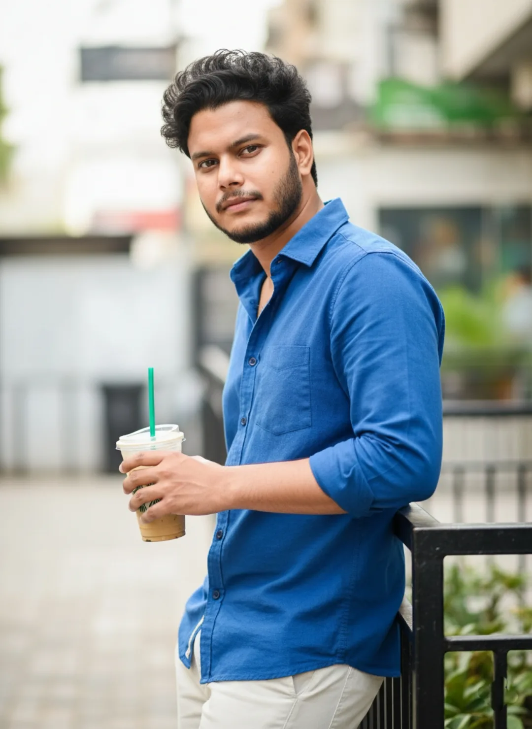 * A handsome young South Asian man with thick curly black hair, full dark beard and mustache, intense gaze looking slightly to the side,