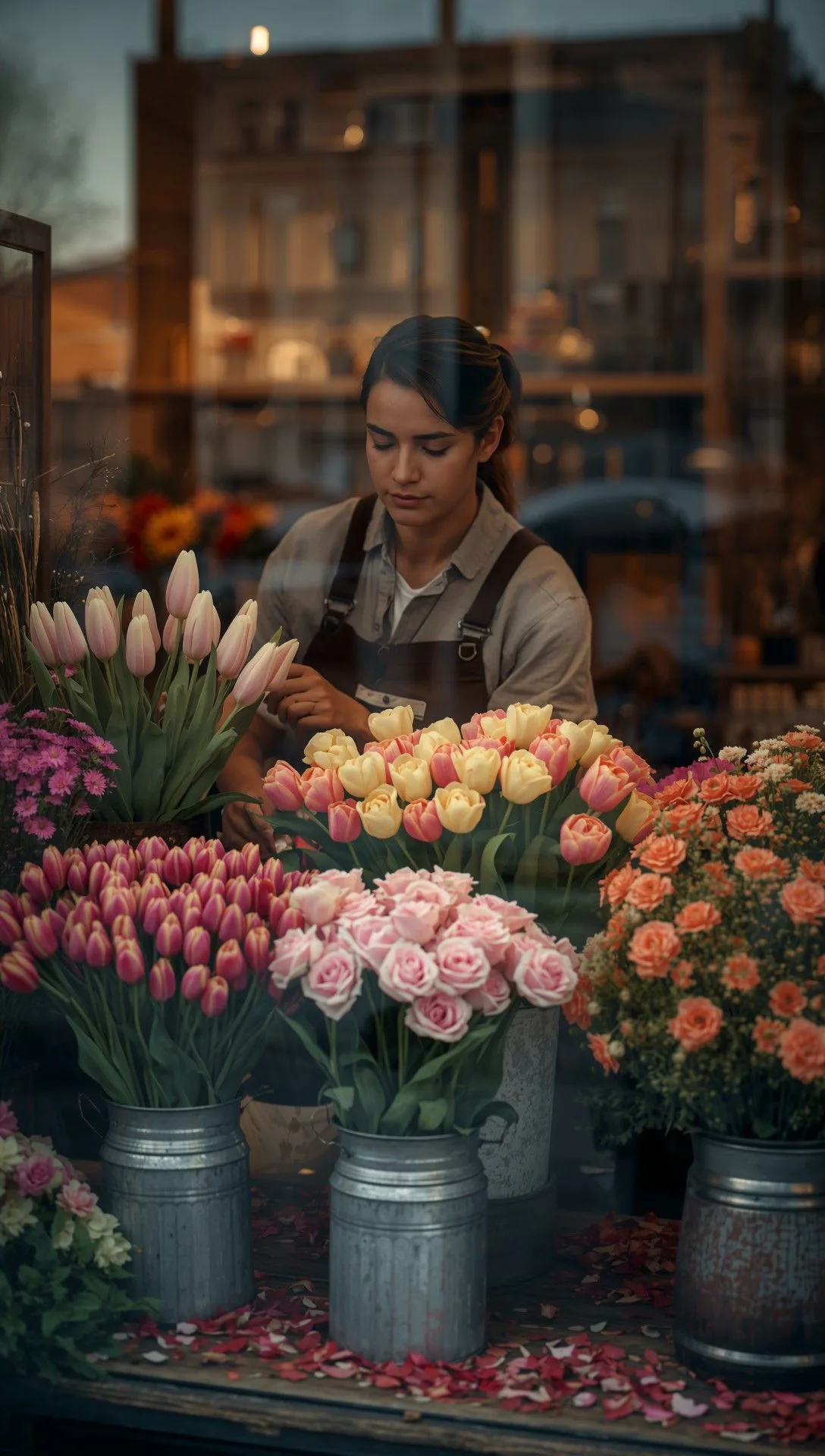 CONCEPT: A warm, cinematic portrait shot through a glass display window showing a female florist arranging pastel pink tulips, yellow