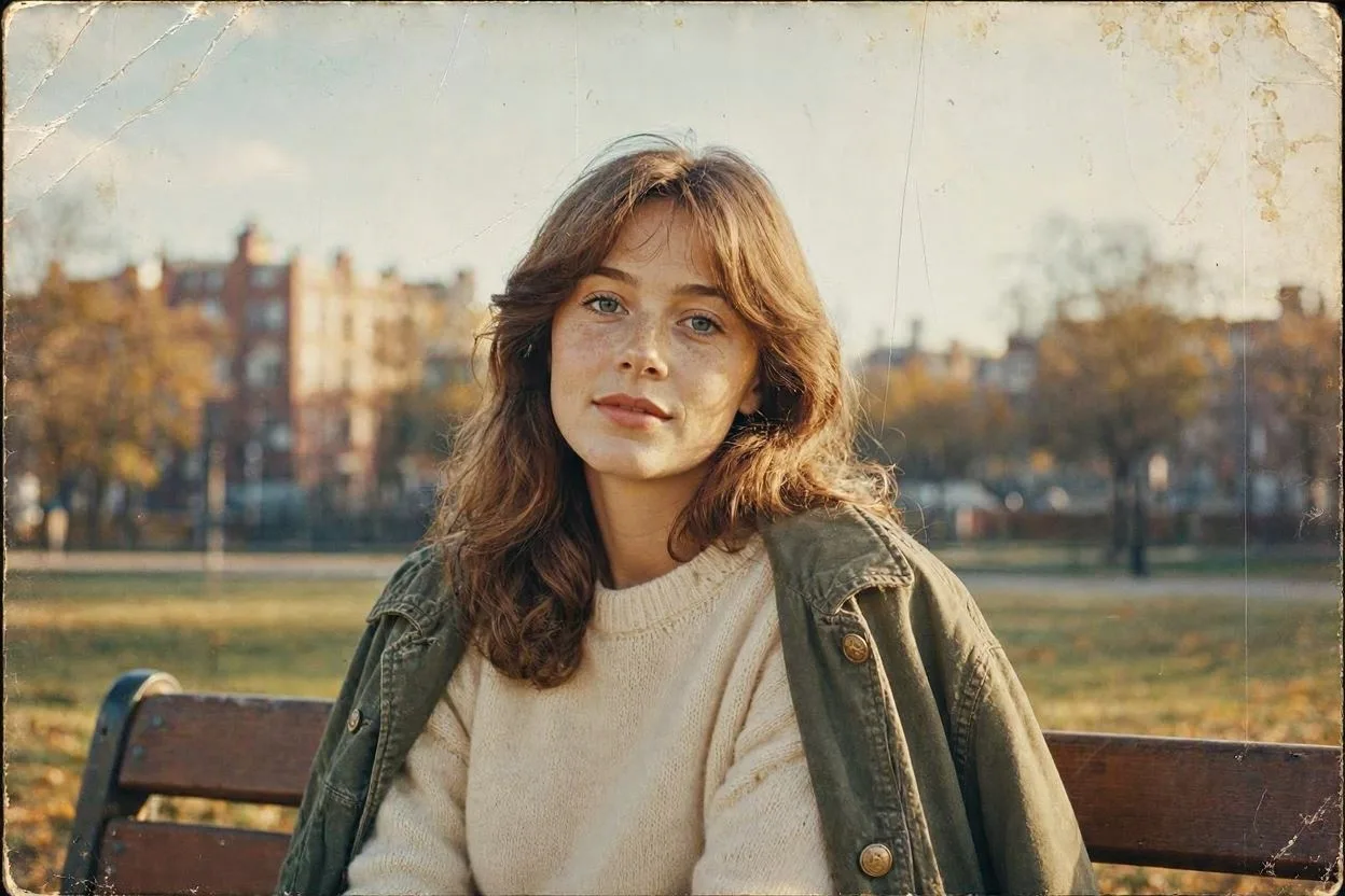 An authentic 1970s vintage film photograph of a beautiful young woman with brown wavy hair and light freckles on her face.