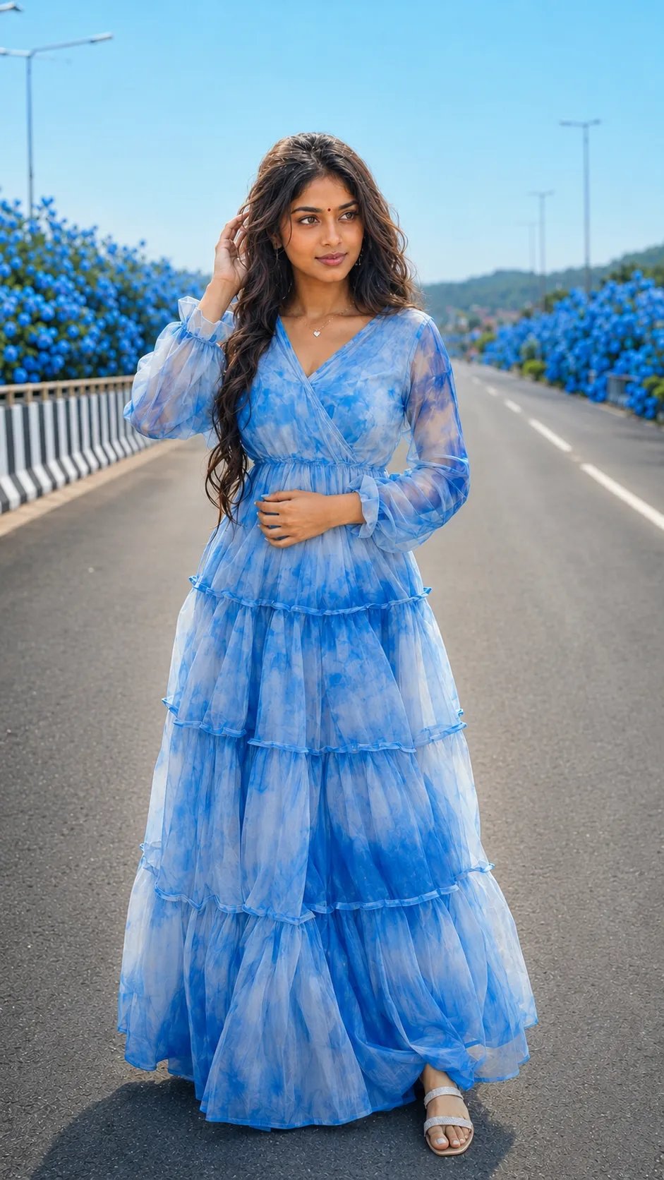 ✨A beautiful girl blue tie-dye gown by onewe India features a tiered organze skrit and sheer long sleeves.Without changing my facial