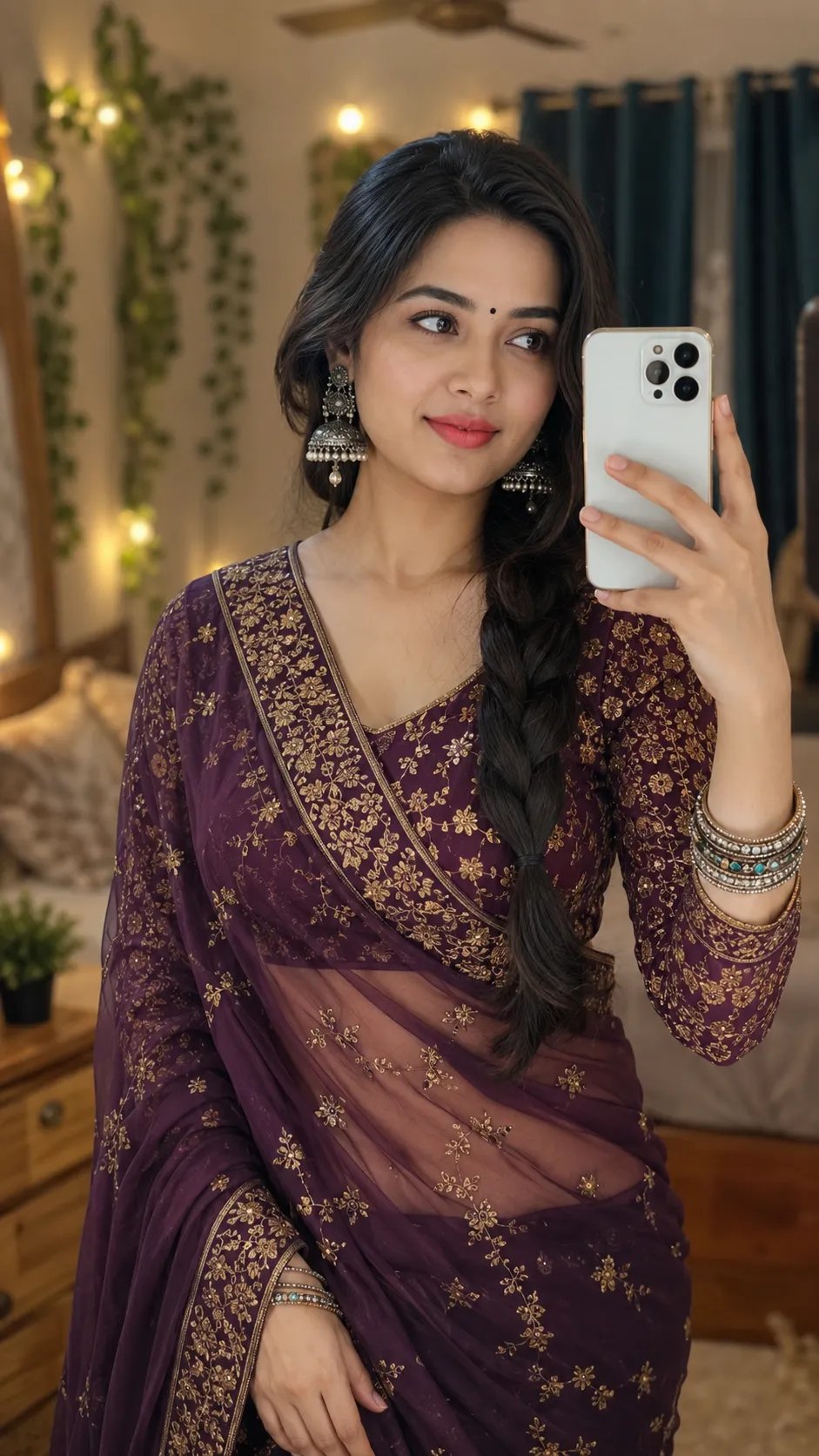 Ultra-realistic mirror selfie portrait of a beautiful young South Asian woman wearing an elegant dark purple saree with sheer intricate
