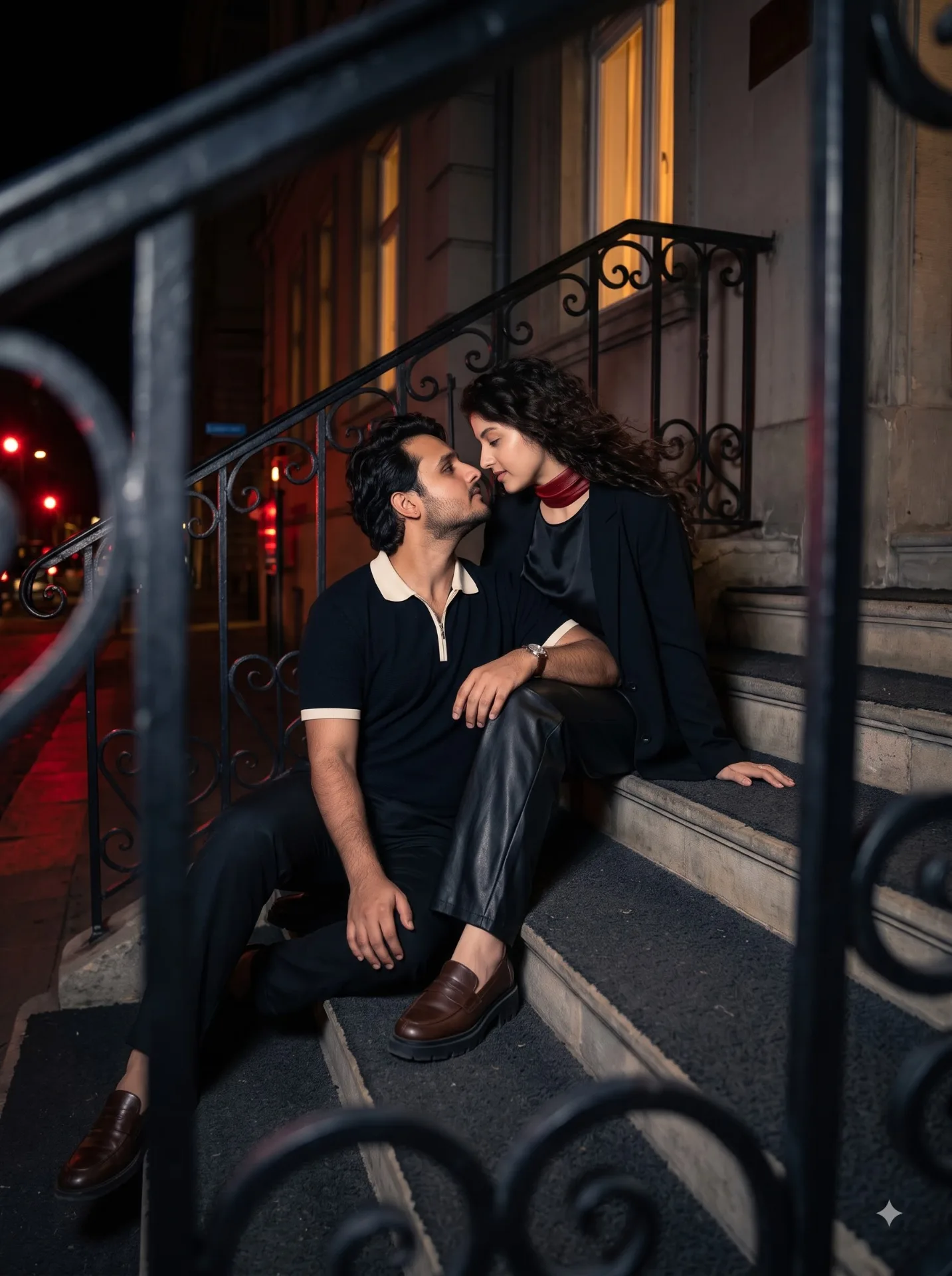 USE IMAGE 1 AS THE IDENTITY REFERENCE FOR THE ADULT COUPLE IN THE CENTER OF THE EXTERIOR STAIRCASE OF AN OLD EUROPEAN HOTEL AT NIGHT,