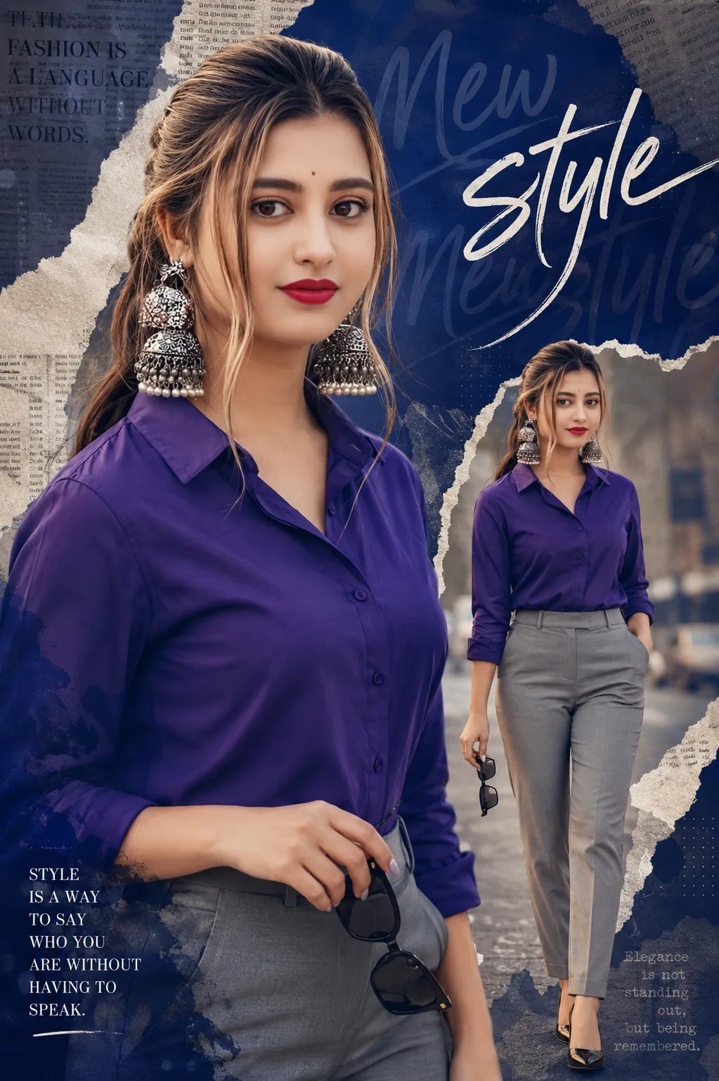 ChatGPT Prompt ⤵️ 💫 📌 poster of a glamorous blonde woman with silky caramel-black hair, wearing a cobalt- purple normal size shirt and
