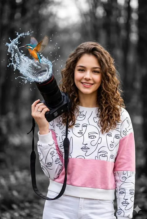 A creative, high-contrast digital photograph of a smiling young girl with long, curly brown hair holding a professional DSLR camera up.