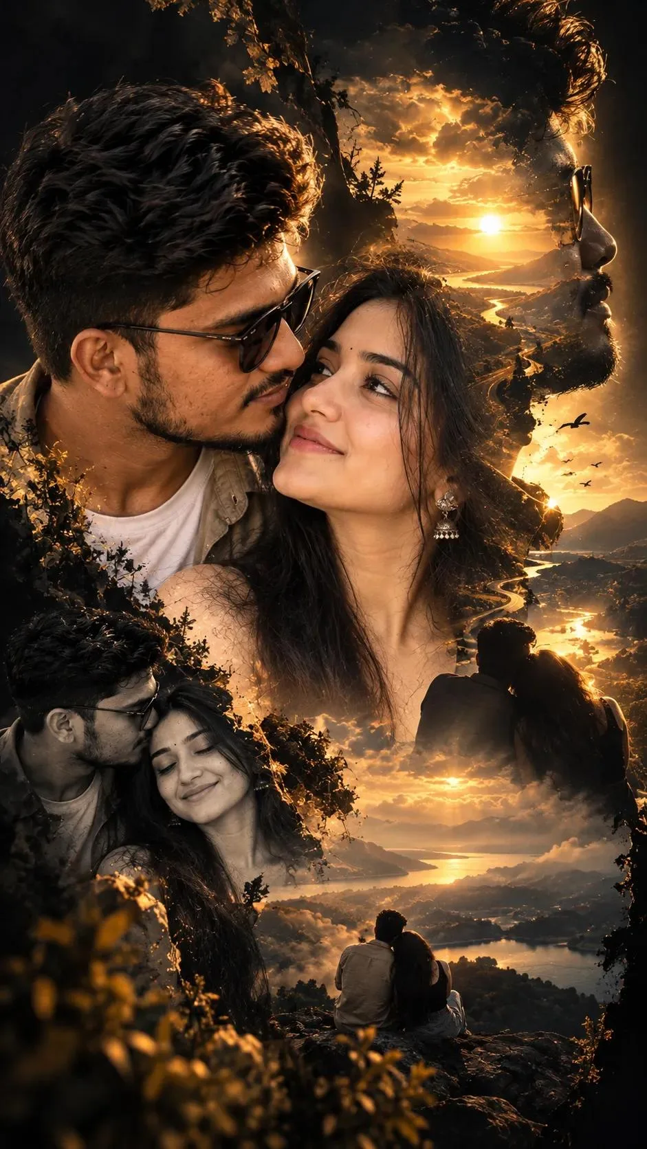 Create an ultra-realistic, high-resolution cinematic romantic double-exposure artwork based specifically on the uploaded reference image.