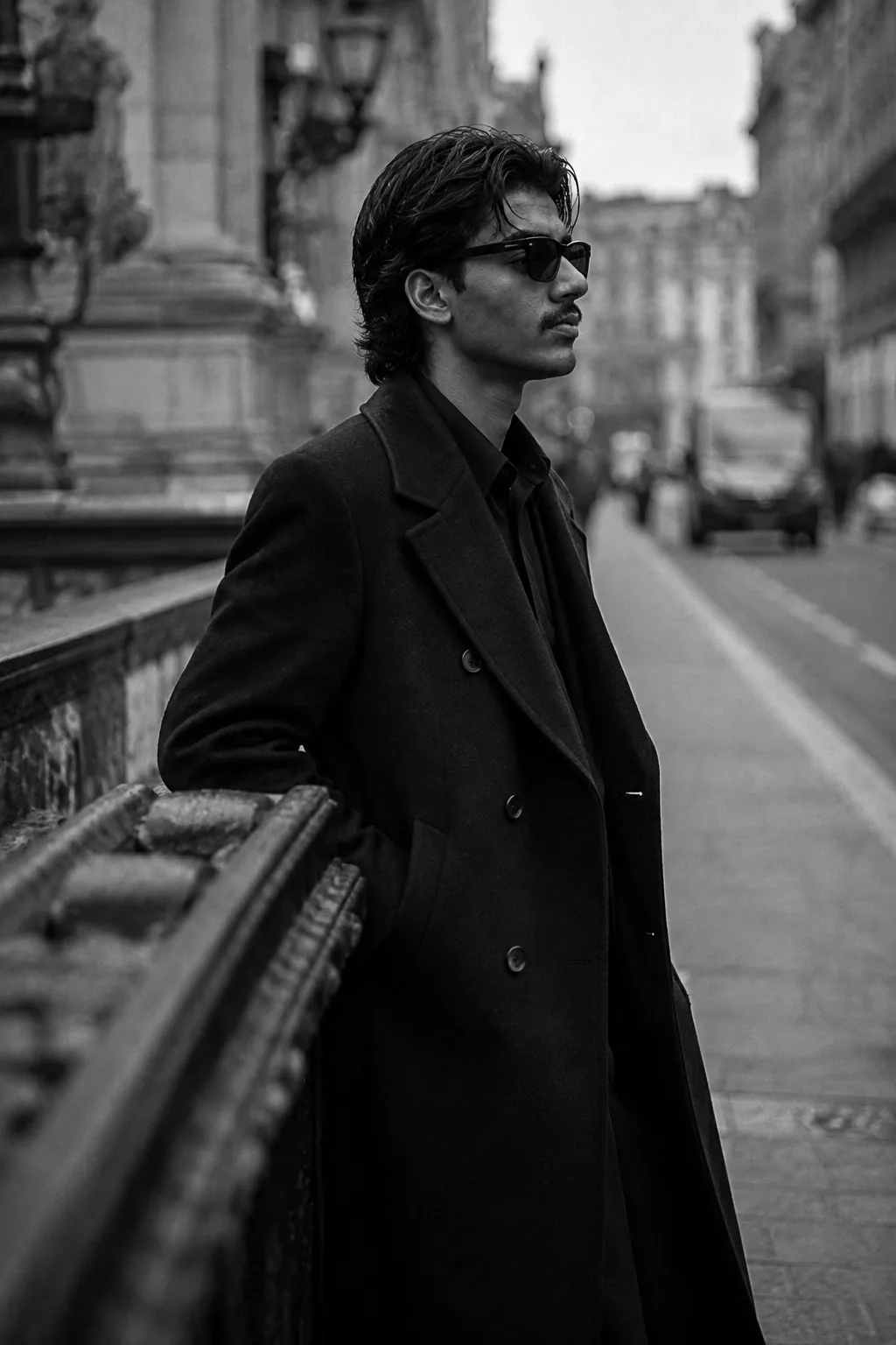 Exact Image Recreation Prompt Create a highly photorealistic cinematic black-and-white street-fashion photograph of a stylish young adult