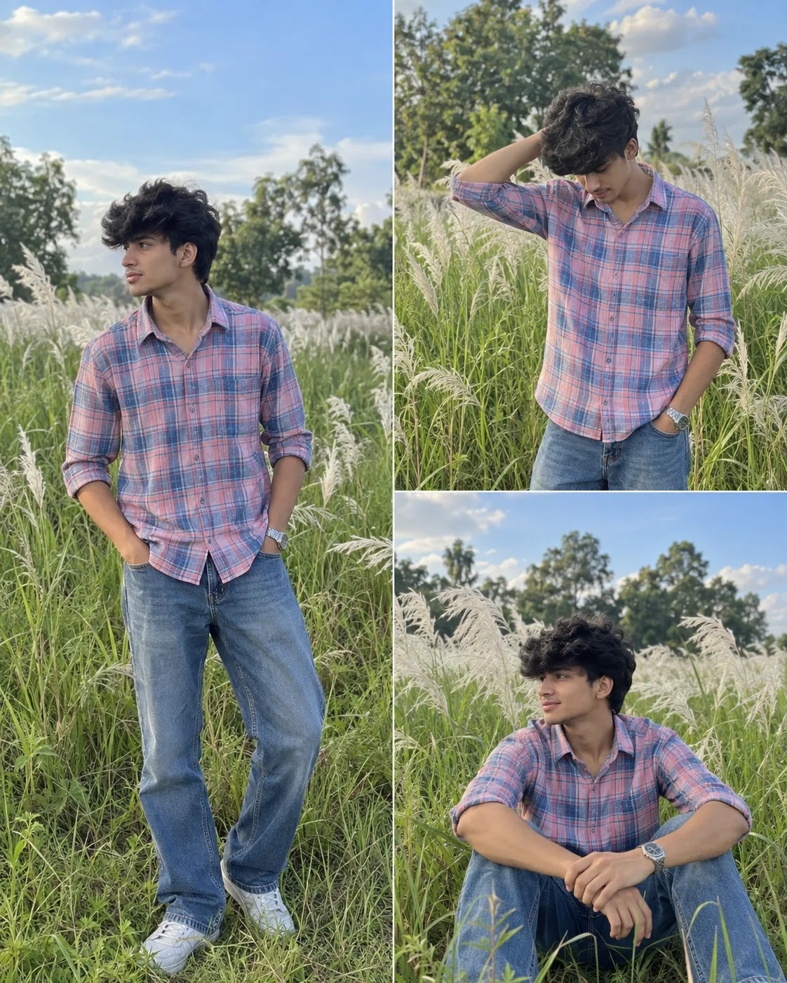 Ultra-realistic 1080x1350 Instagram 4:5 vertical 3-frame collage of the same young boy, same face, hairstyle, body and outfit 100%.