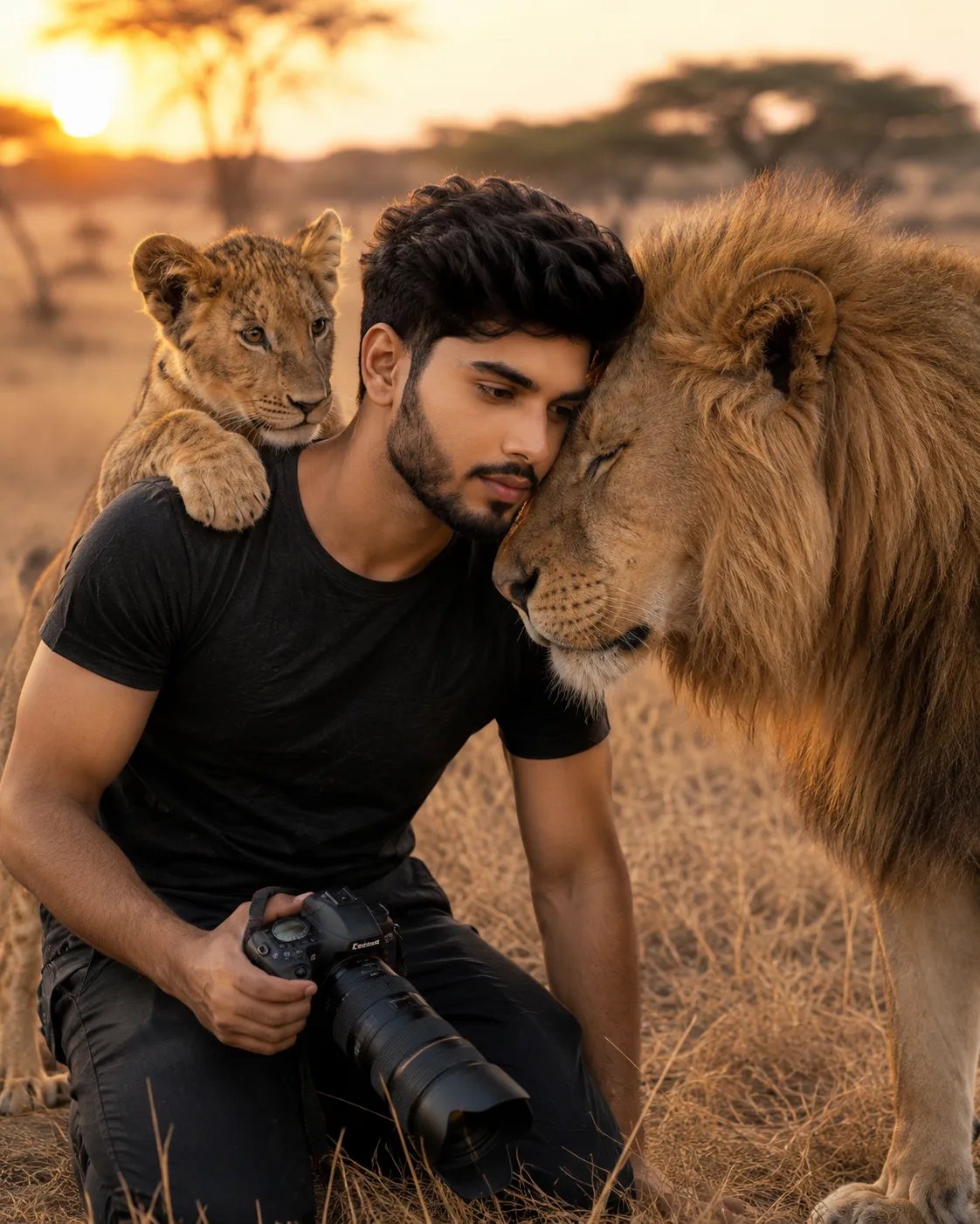 Ultra-realistic 8K cinematic wildlife portrait in a warm sunset savanna.