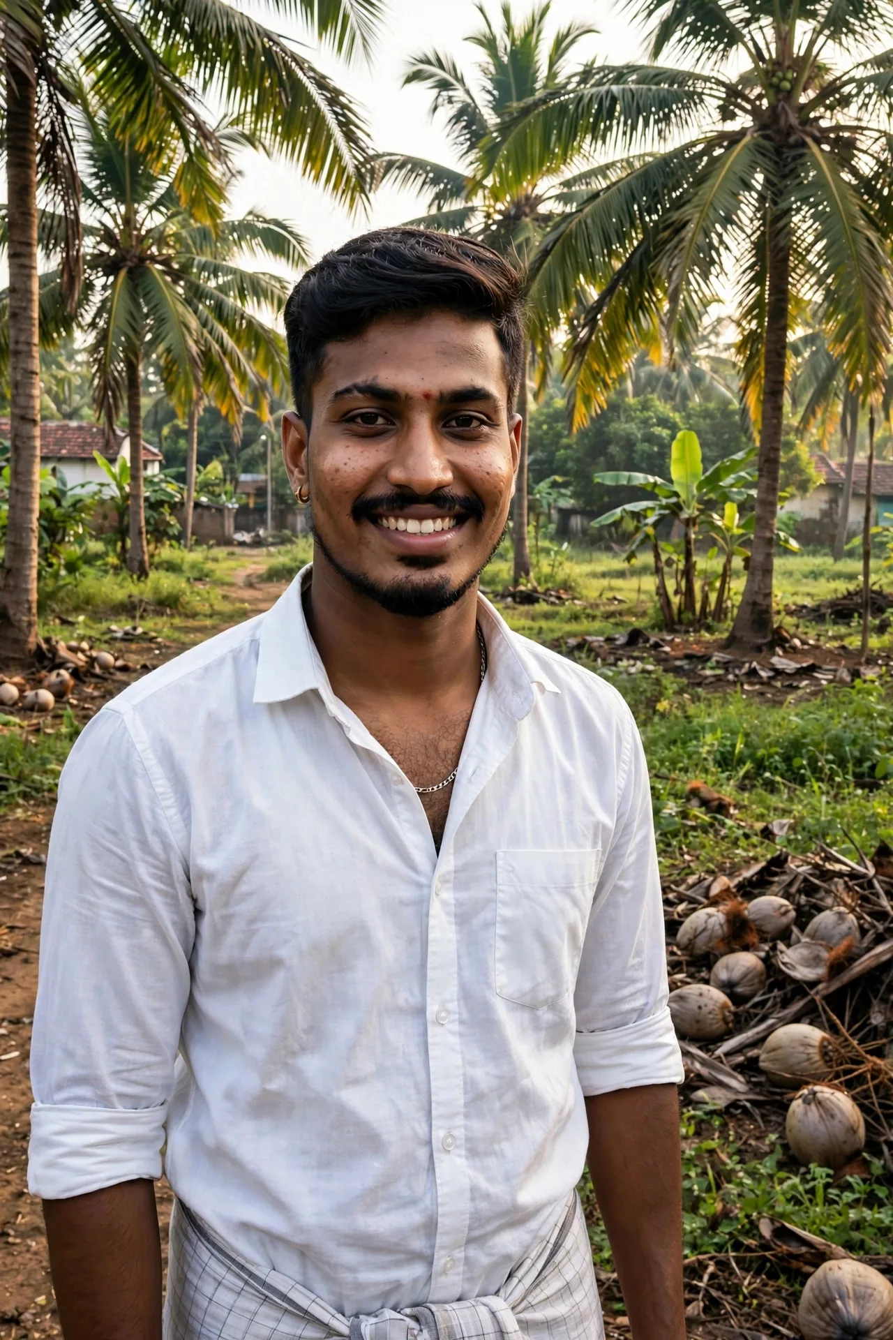 Same boy, same face, wearing a white shirt and lungi, standing in a green coconut farm in Tumkur village, morning sunlight, smiling,