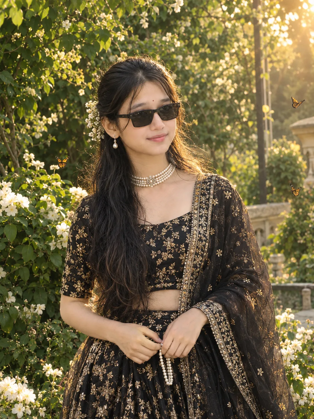 Ultra realistic photograph of a beautiful young Indian woman standing gracefully in a lush romantic garden filled with white flowers and