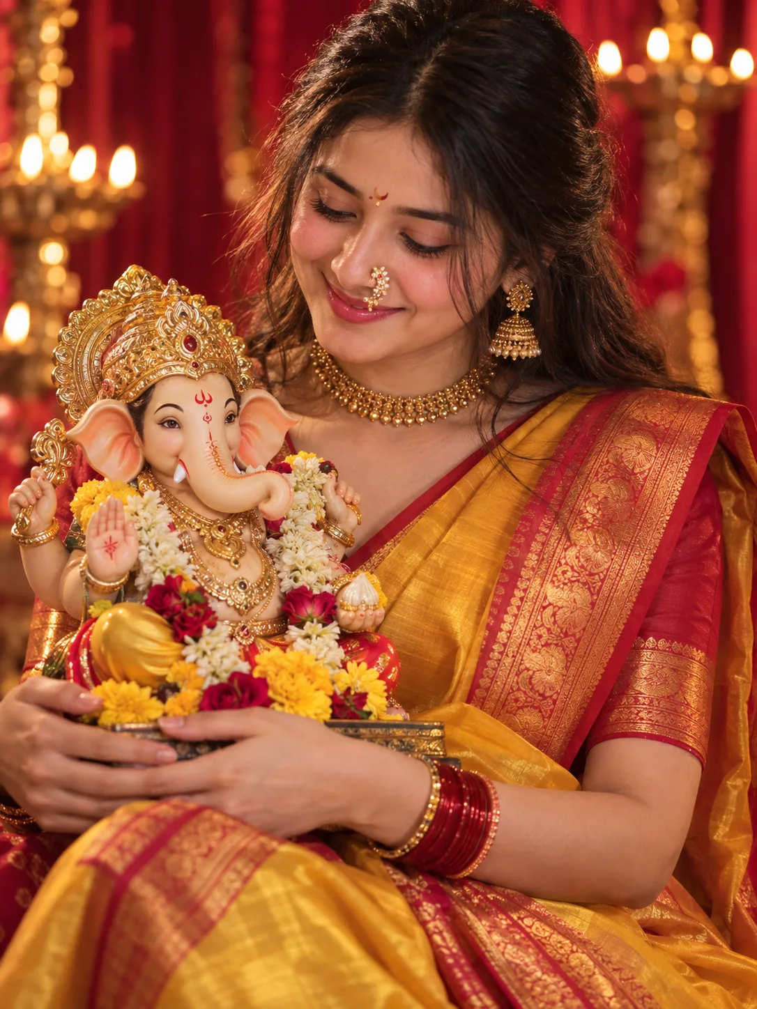 Create a photorealistic, highly detailed portrait of a woman (the reference image given) holding a Lord Ganesha idol.