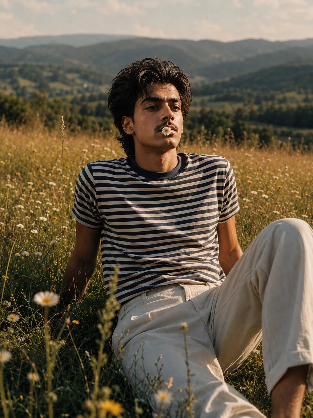Exact Image Recreation Prompt Create a highly photorealistic cinematic vintage lifestyle photograph of a stylish young adult man relaxing