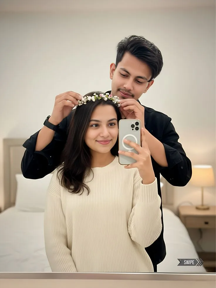 A photorealistic vertical medium shot capturing a candid indoor mirror selfie of the young South Asian couple from the reference images,