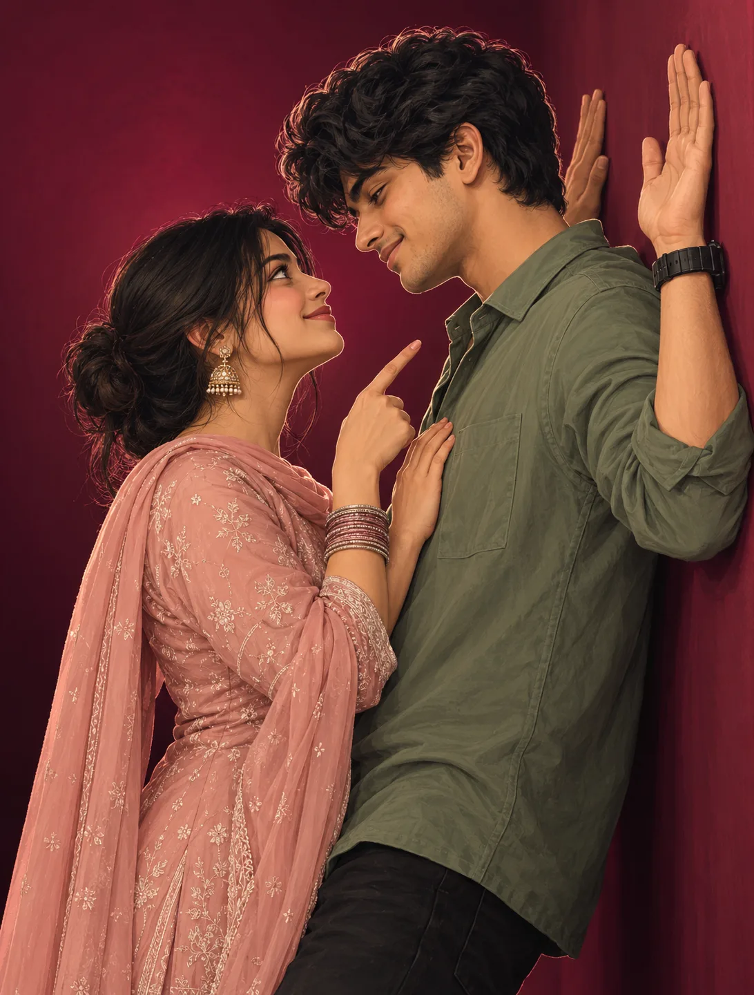 Romantic semi-realistic digital illustration of a young South Indian couple standing closely face-to-face against a deep