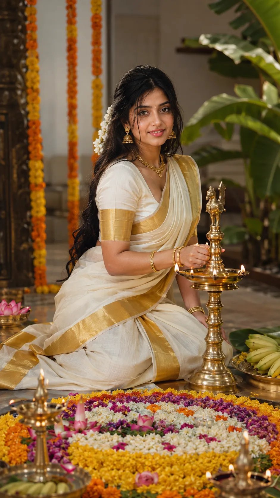 A graceful young Indian woman celebrating Onam, wearing an elegant traditional Kerala ivory-white Kasavu saree with rich golden border,