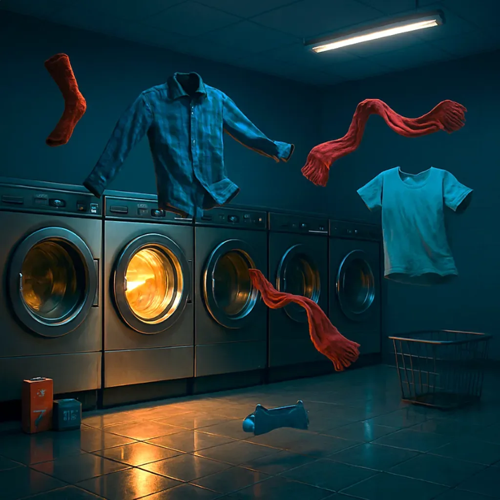 Create an image of a midnight laundromat, square format.