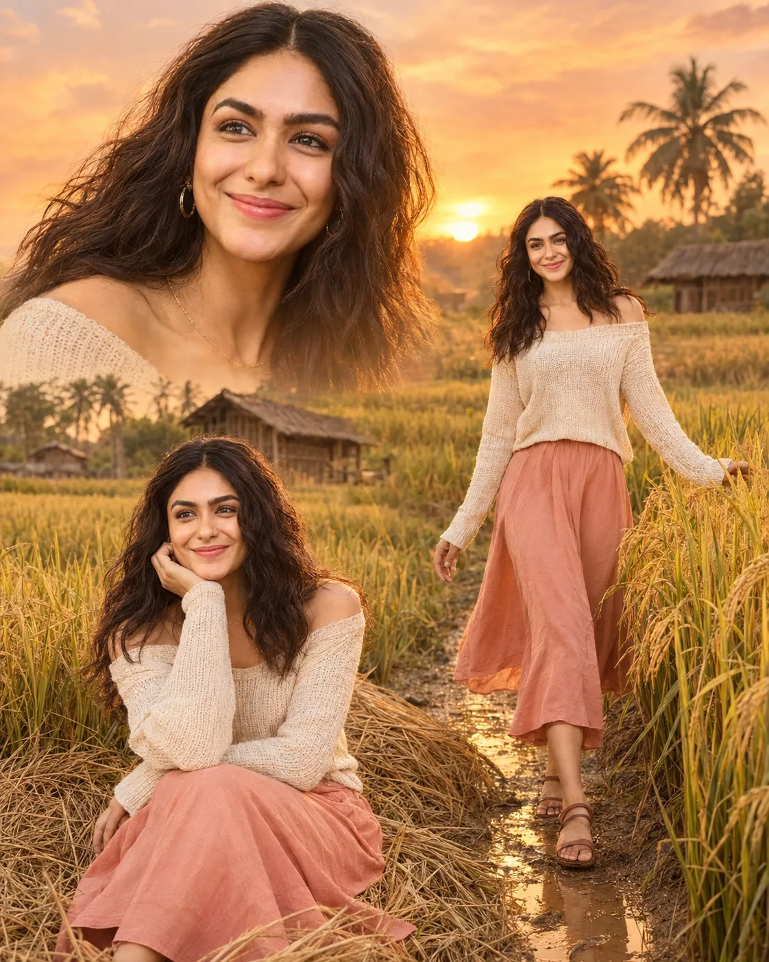 A creative multi-exposure style composition featuring the same young woman in three poses within a golden rice field during sunset.