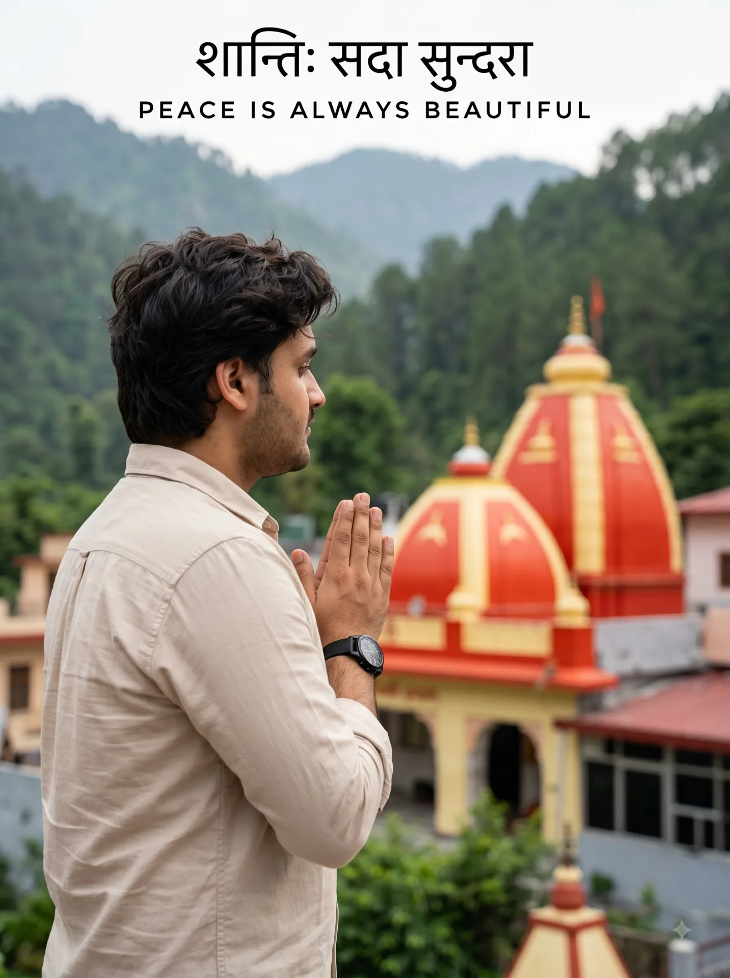 ULTRA-REALISTIC SPIRITUAL PORTRAIT OF A YOUNG INDIAN MAN STANDING AT KAINCHI DHAM TEMPLE IN UTTARAKHAND, CAPTURED FROM A SIDE-BACK ANGLE.