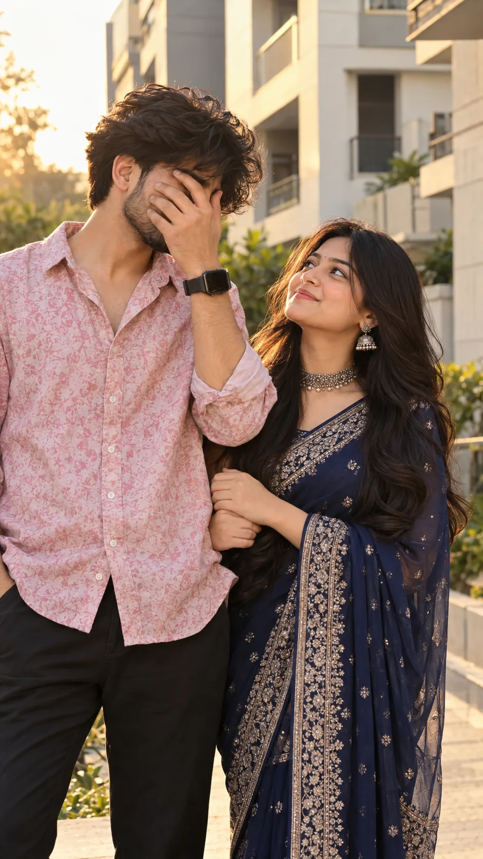 A candid, ultra-realistic vertical 9:16 portrait of a young South Asian couple outdoors during golden hour daylight.