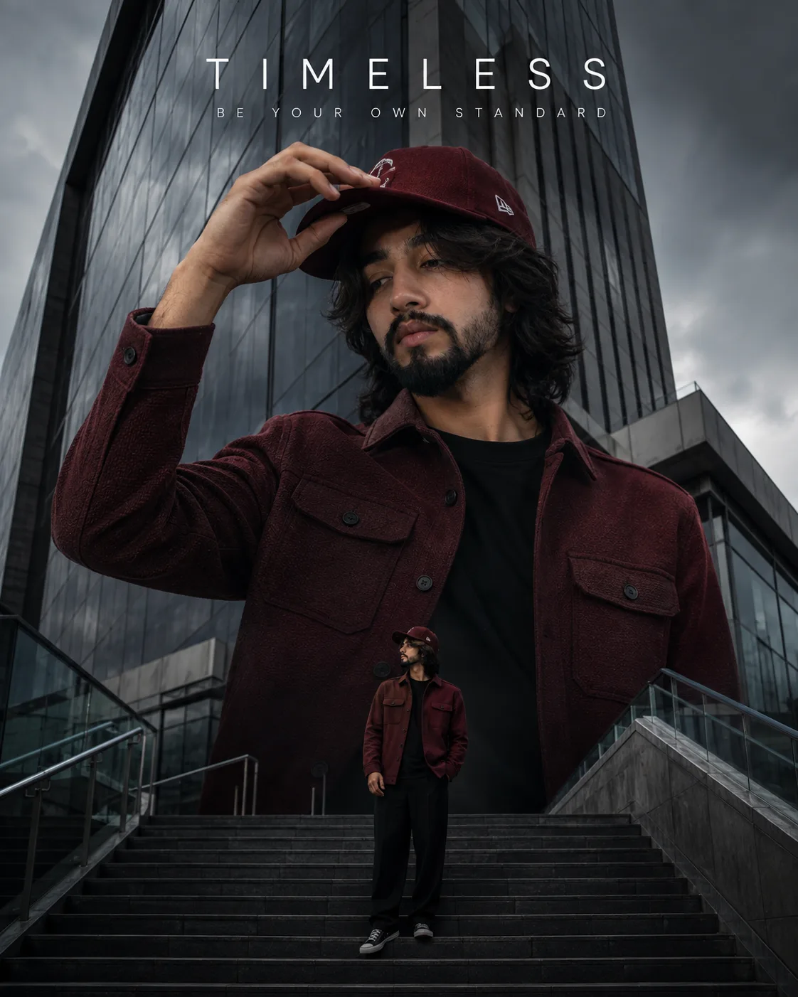 A low-angle, cinematic photograph featuring a subject with long wavy dark hair and a beard, wearing a textured burgundy unbuttoned shirt