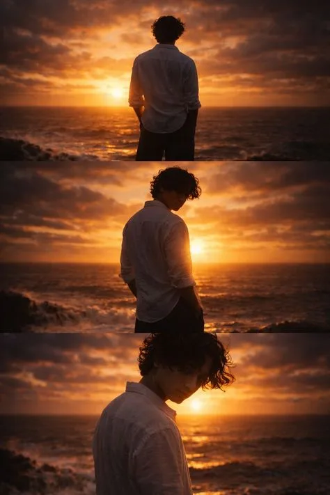 A 3-panel cinematic film strip photo collage tracking a young man with curly hair on a rocky beach at sunset.