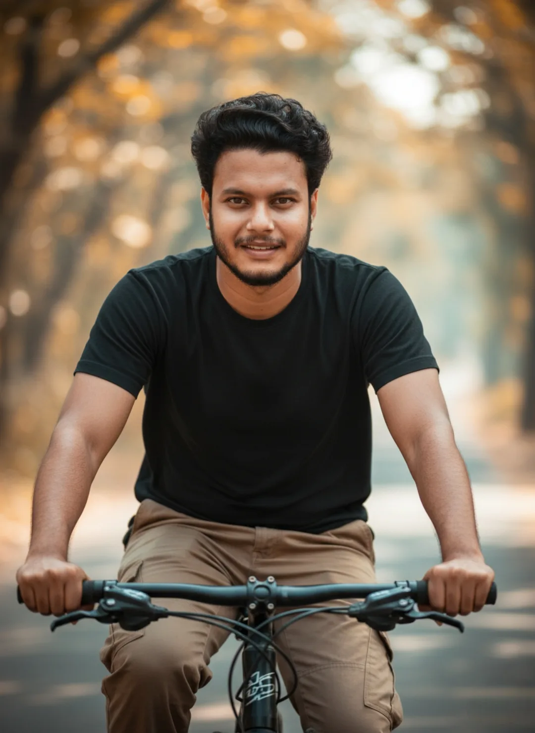 A hyper-realistic, high-detail portrait of a 26-year-old Indian man with a warm, friendly smile, riding a bicycle outdoors.