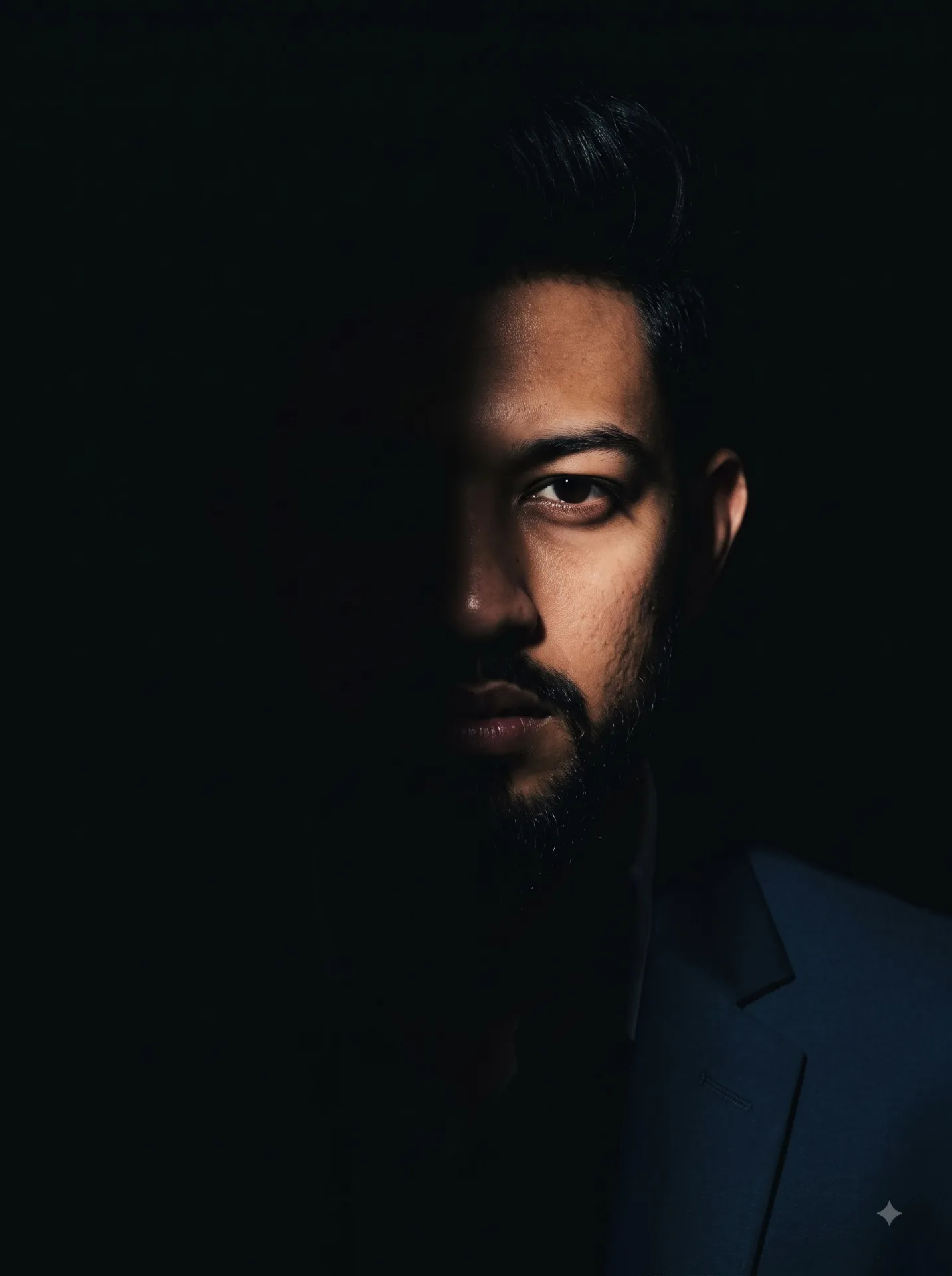 This photograph portrays a person enveloped in darkness, with entirely segment of his face catching the light.