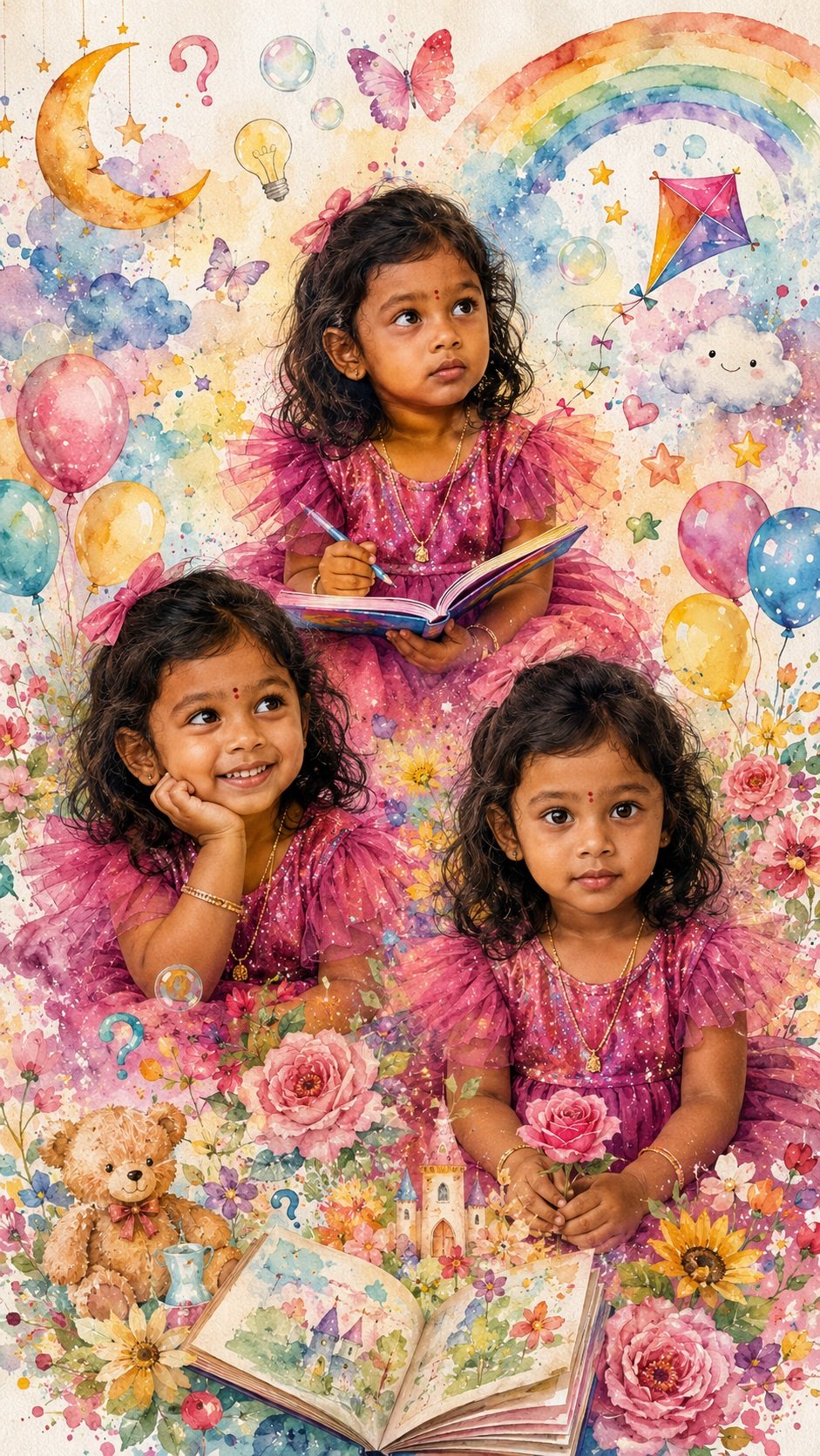 Ultra-realistic whimsical watercolor collage of the same adorable 3-year-old Indian baby girl with soft curly black hair, chubby cheeks,